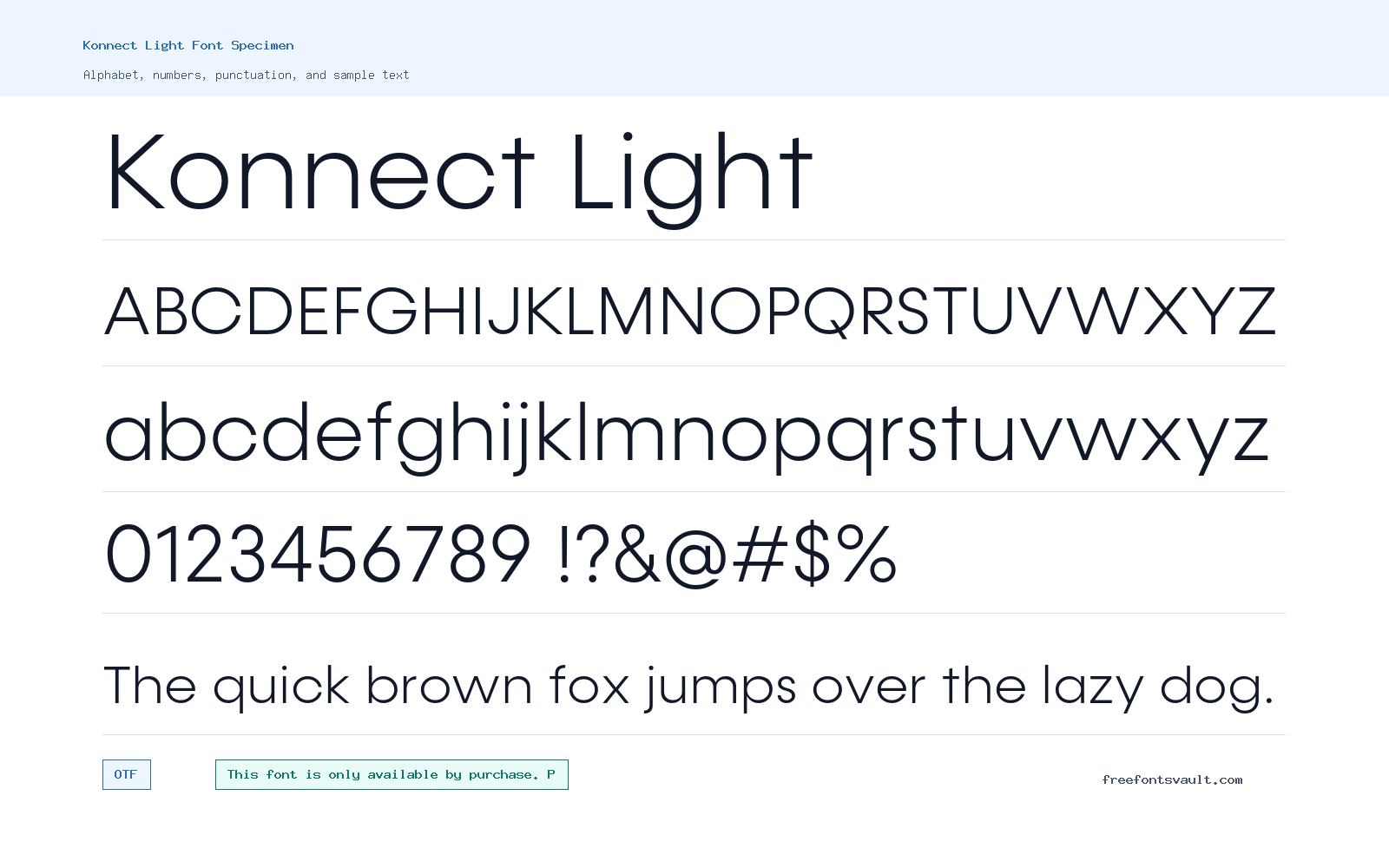 Konnect Light font specimen showing alphabet, numbers, and sample text