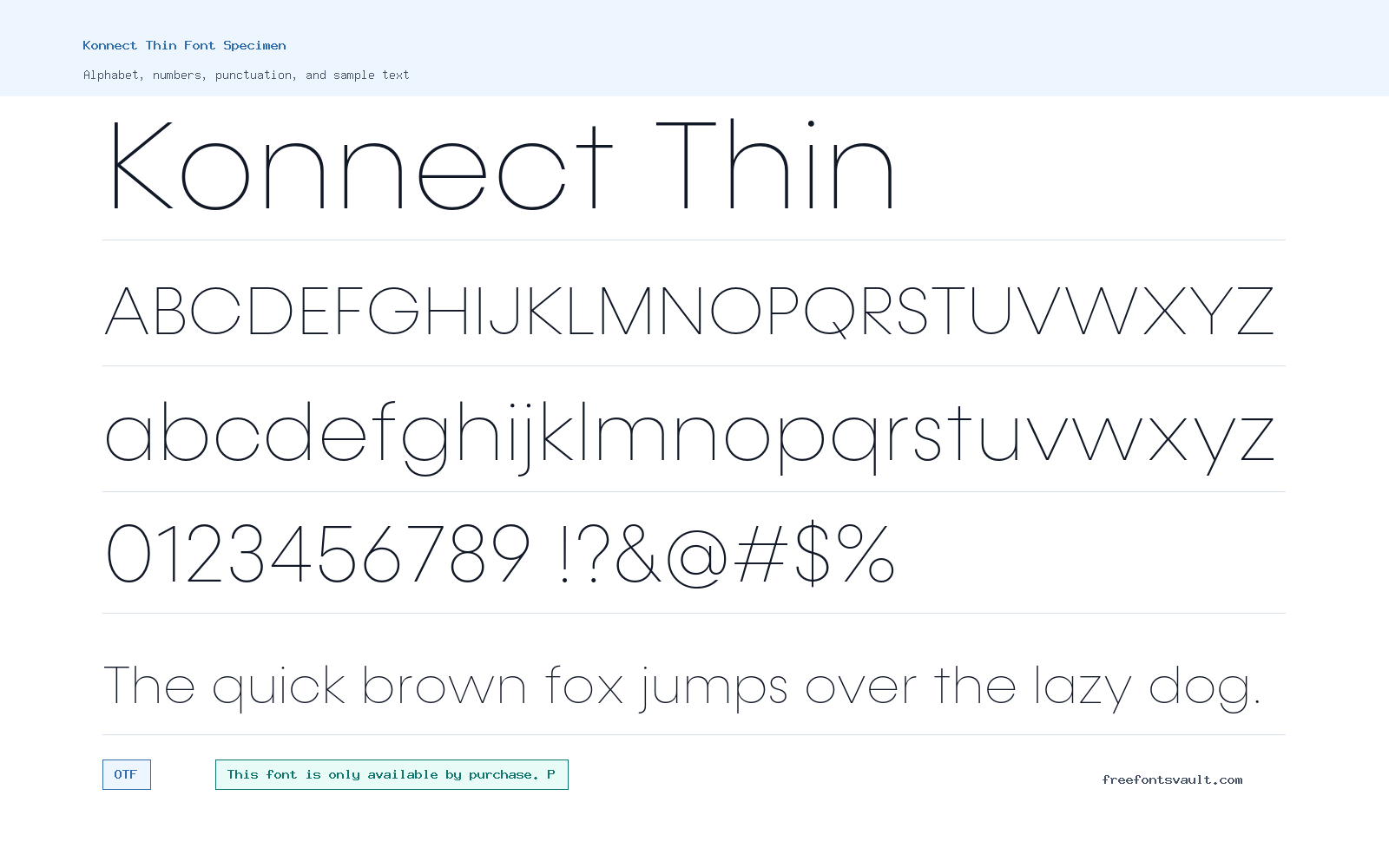 Konnect Thin font specimen showing alphabet, numbers, and sample text