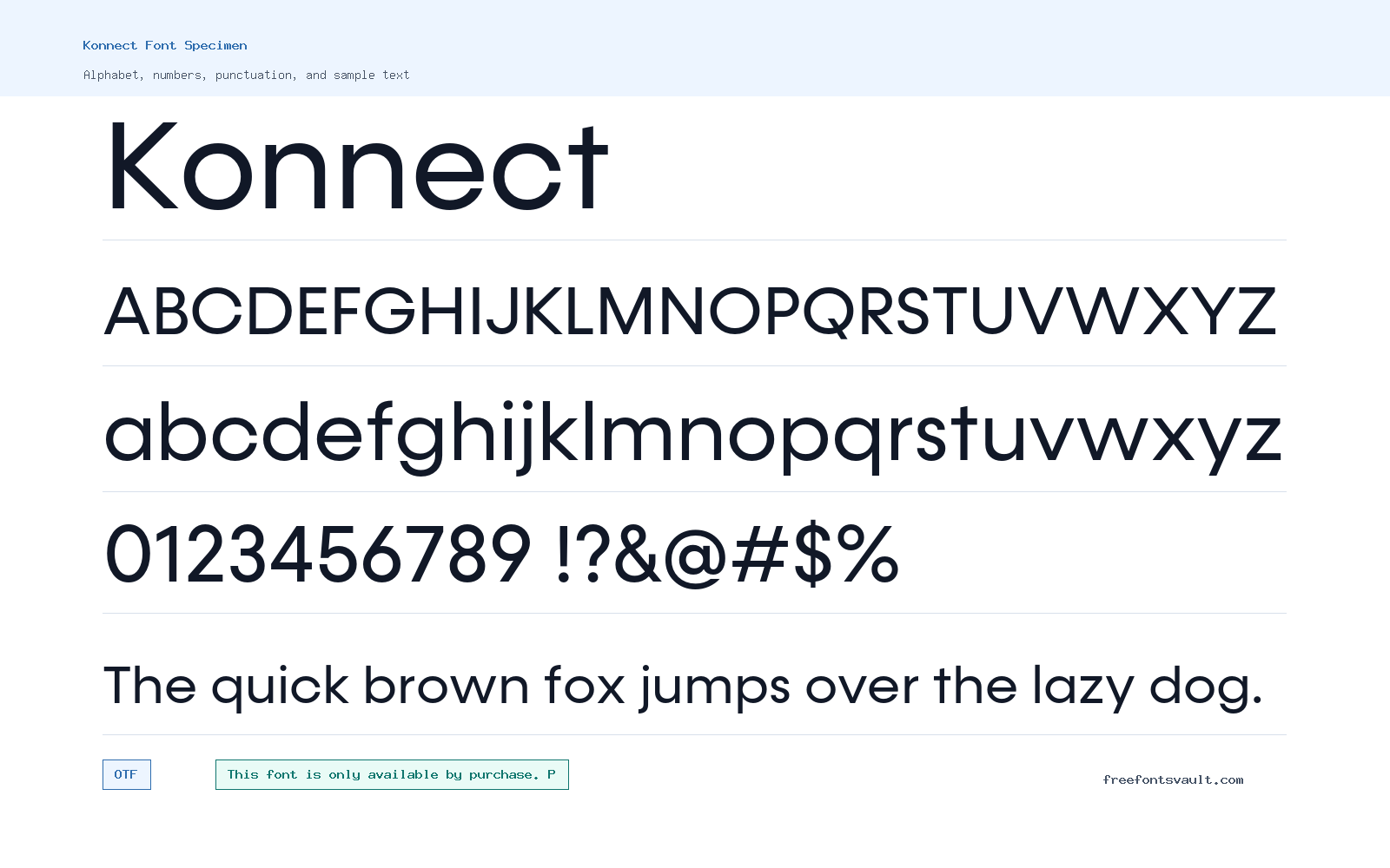 Konnect font specimen showing alphabet, numbers, and sample text