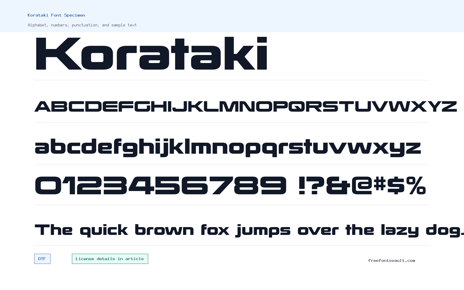 Korataki font specimen showing alphabet, numbers, and sample text