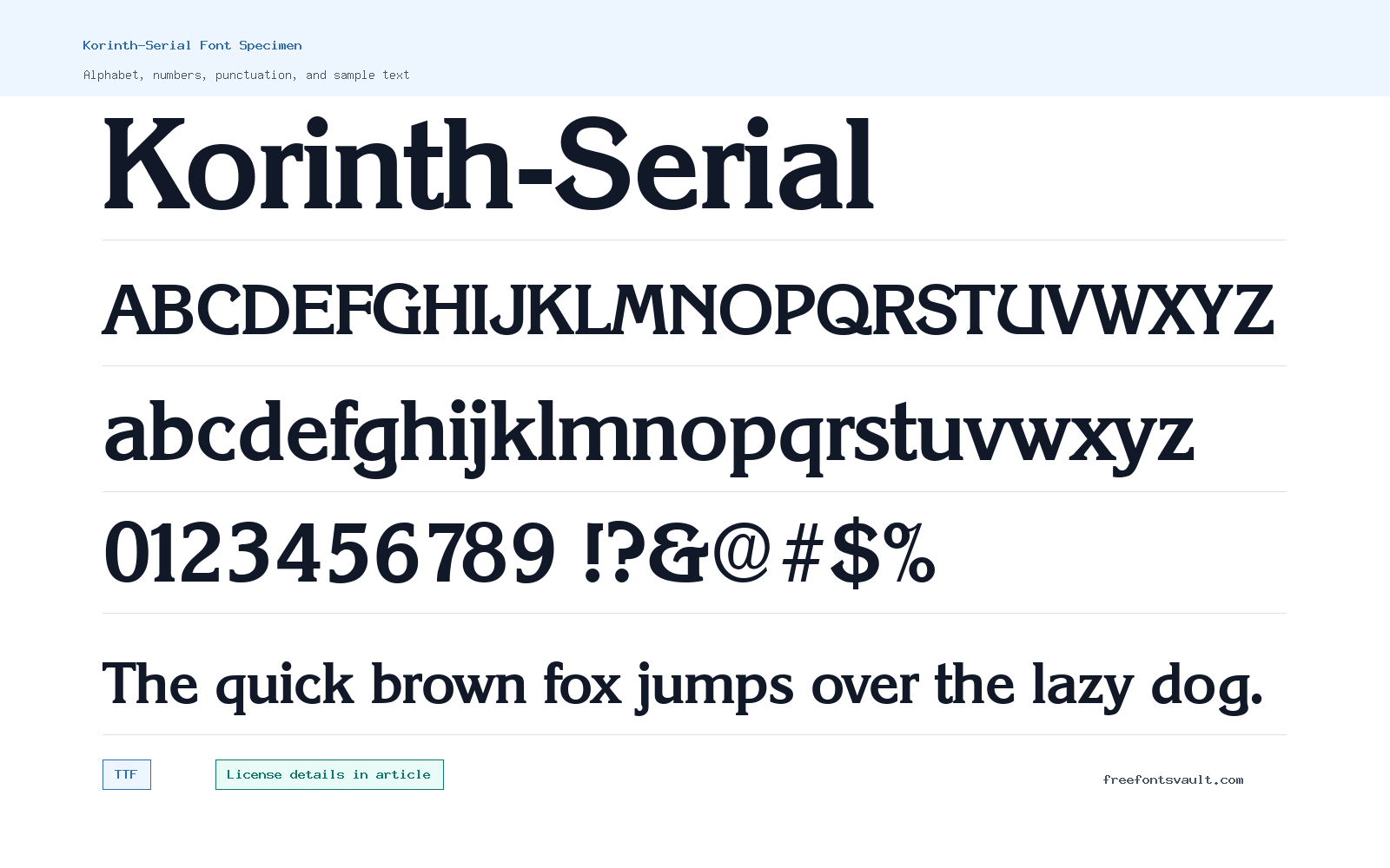 Korinth-Serial font specimen showing alphabet, numbers, and sample text