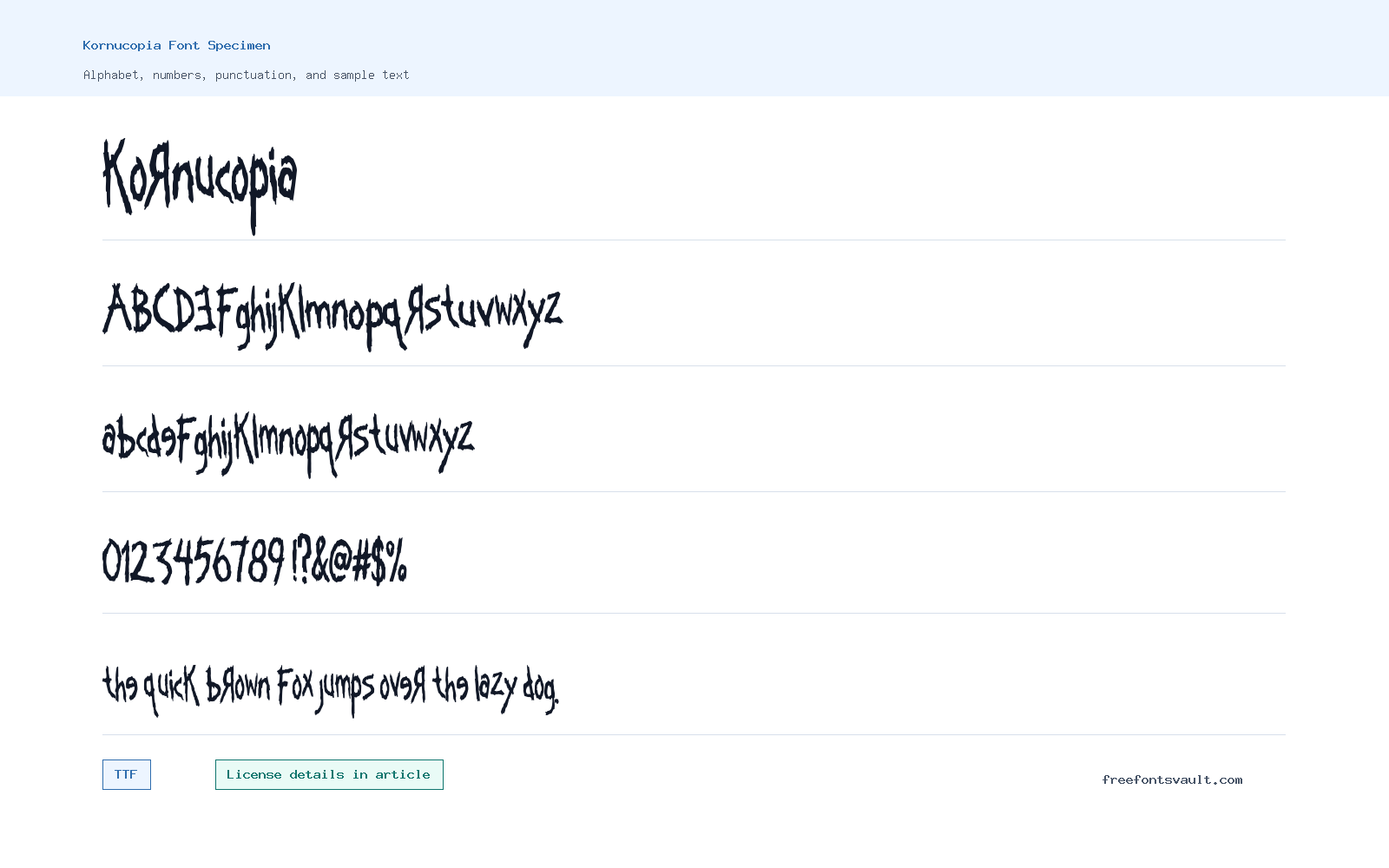 Kornucopia font specimen showing alphabet, numbers, and sample text
