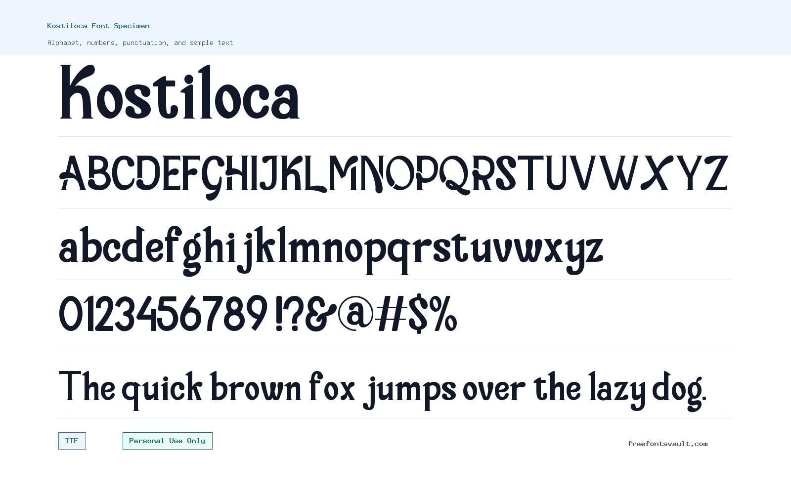 Kostiloca font specimen showing alphabet, numbers, and sample text