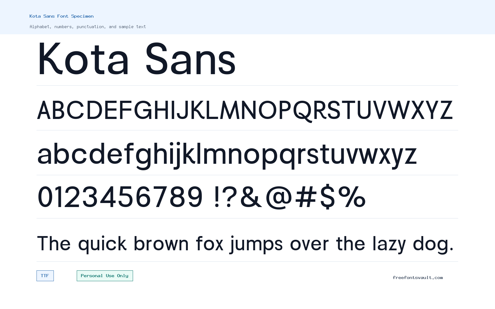 Kota Sans font specimen showing alphabet, numbers, and sample text