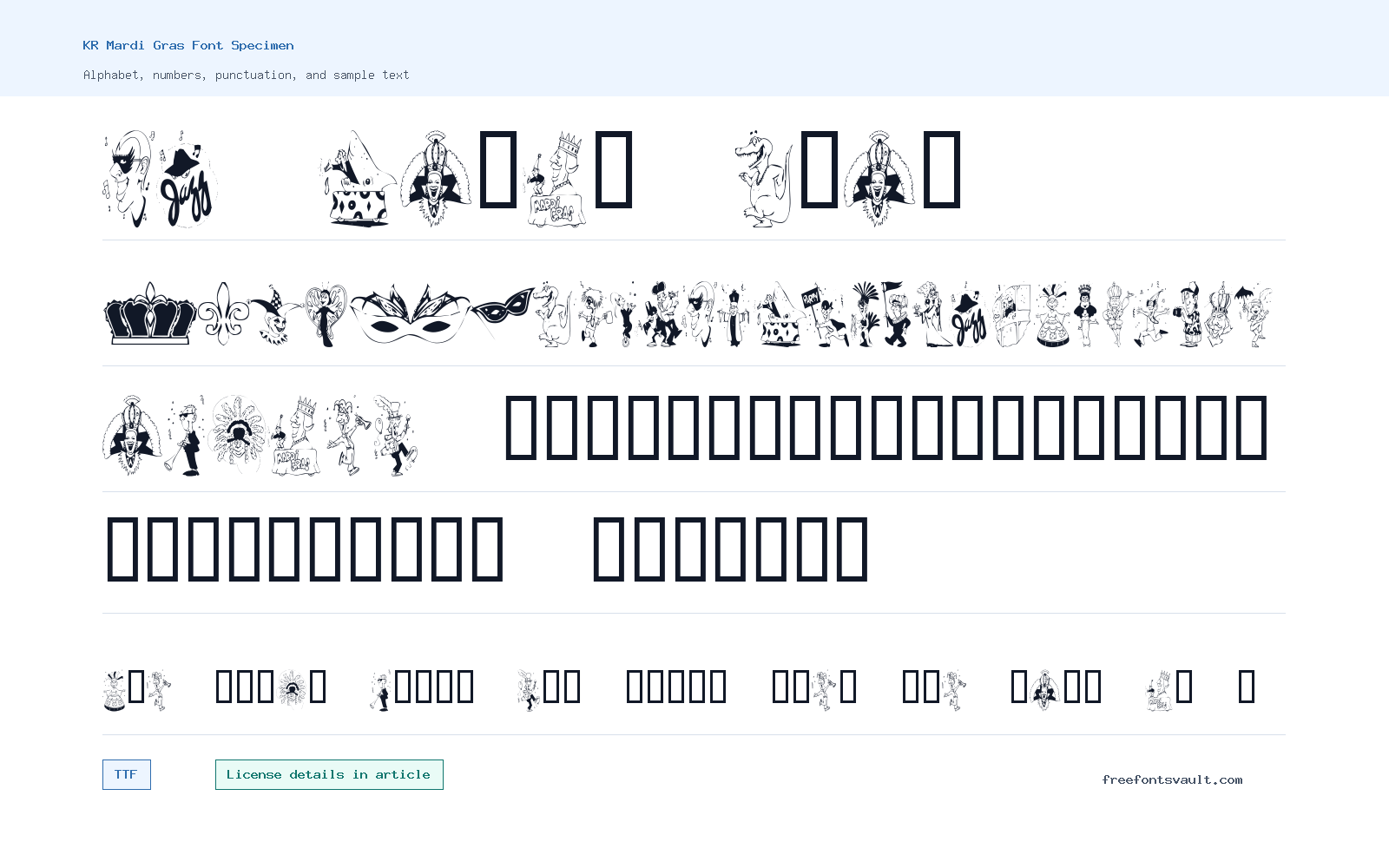 KR Mardi Gras font specimen showing alphabet, numbers, and sample text