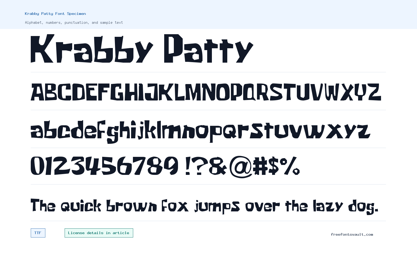 Krabby Patty font specimen showing alphabet, numbers, and sample text