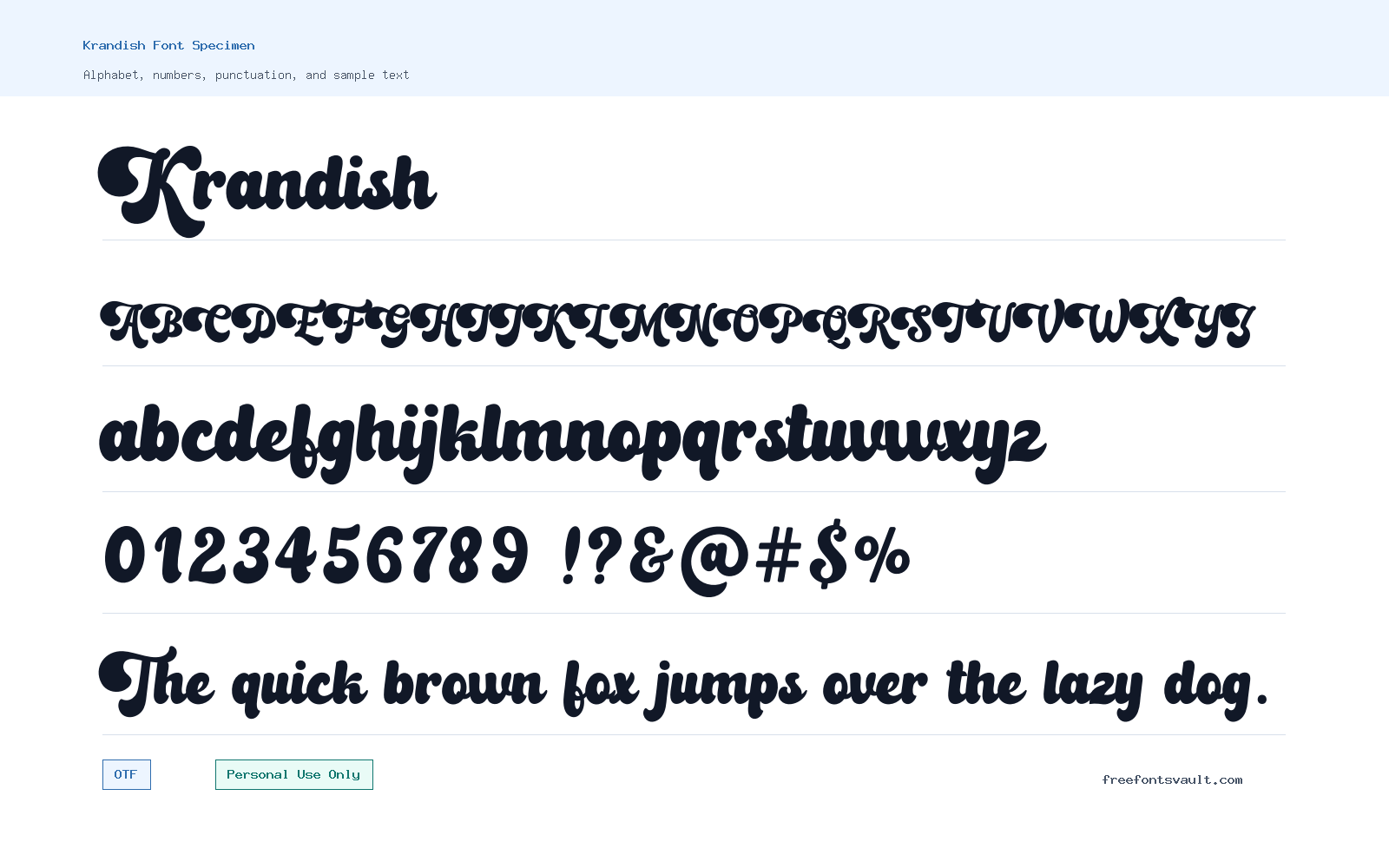 Krandish font specimen showing alphabet, numbers, and sample text