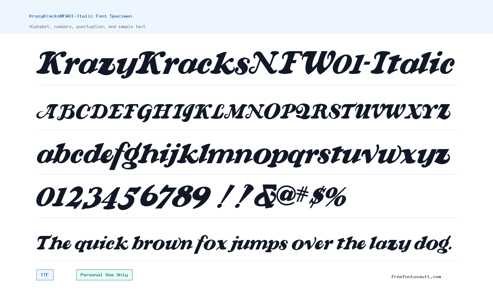 KrazyKracksNFW01-Italic font specimen showing alphabet, numbers, and sample text