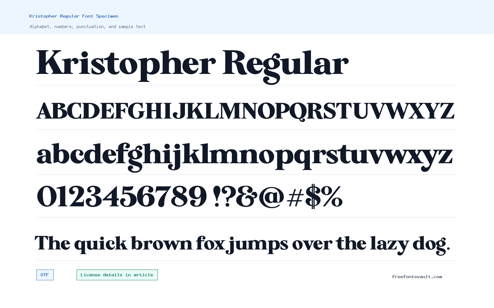 Kristopher Regular font specimen showing alphabet, numbers, and sample text