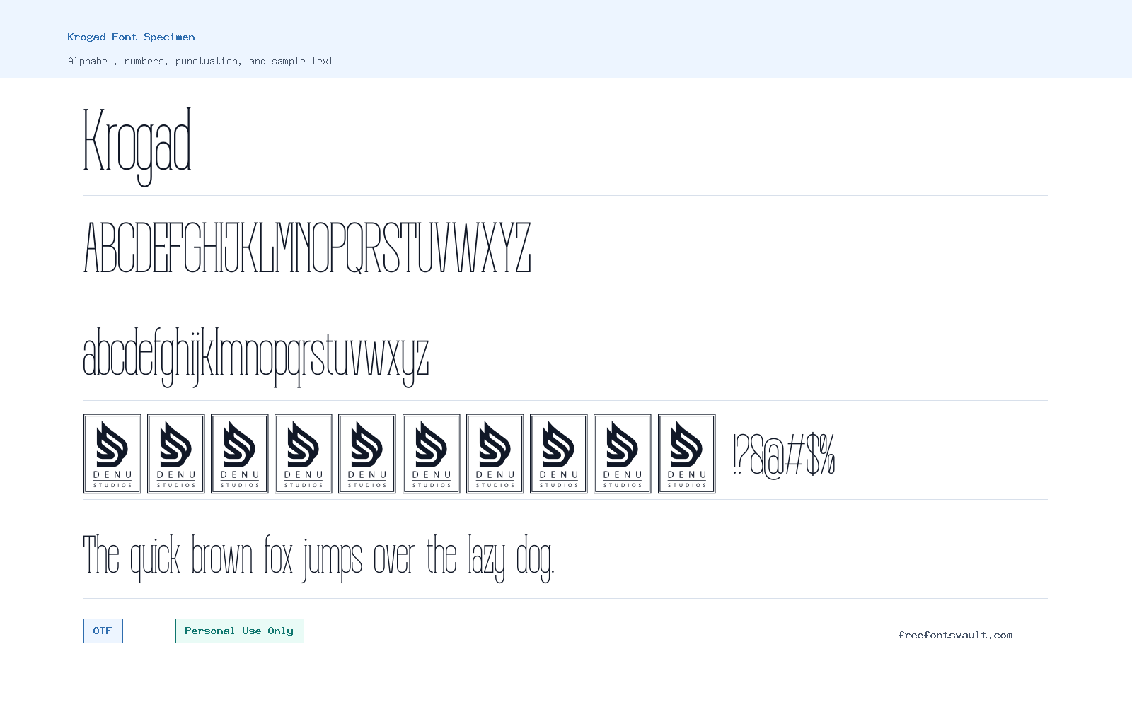 Krogad font specimen showing alphabet, numbers, and sample text