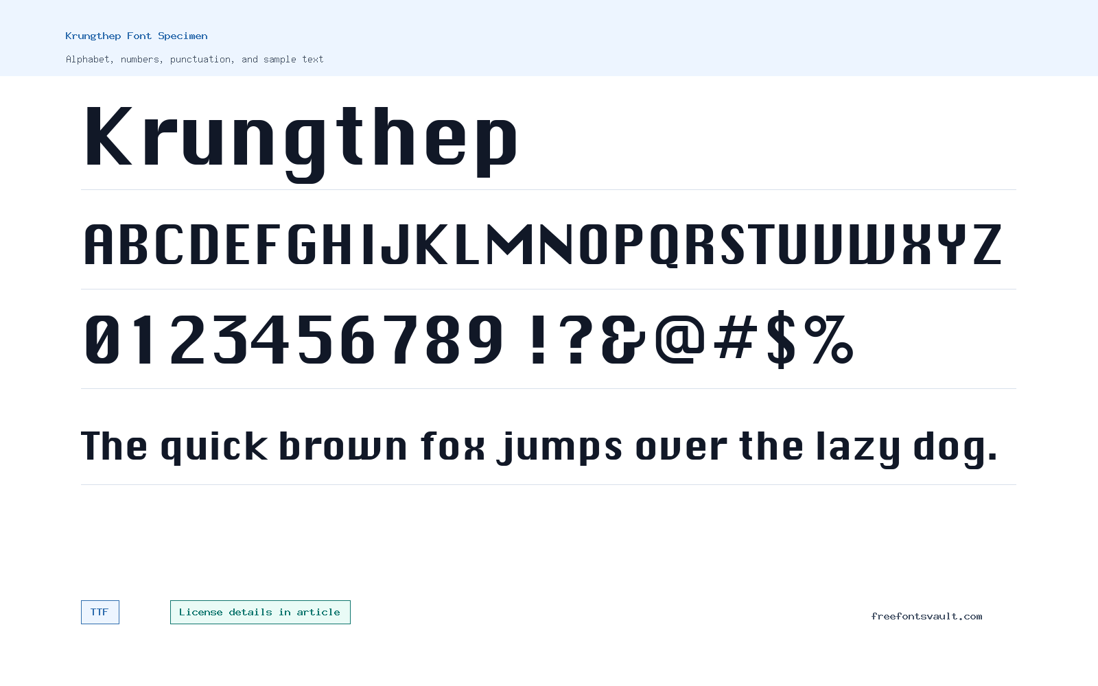 Krungthep font specimen showing alphabet, numbers, and sample text