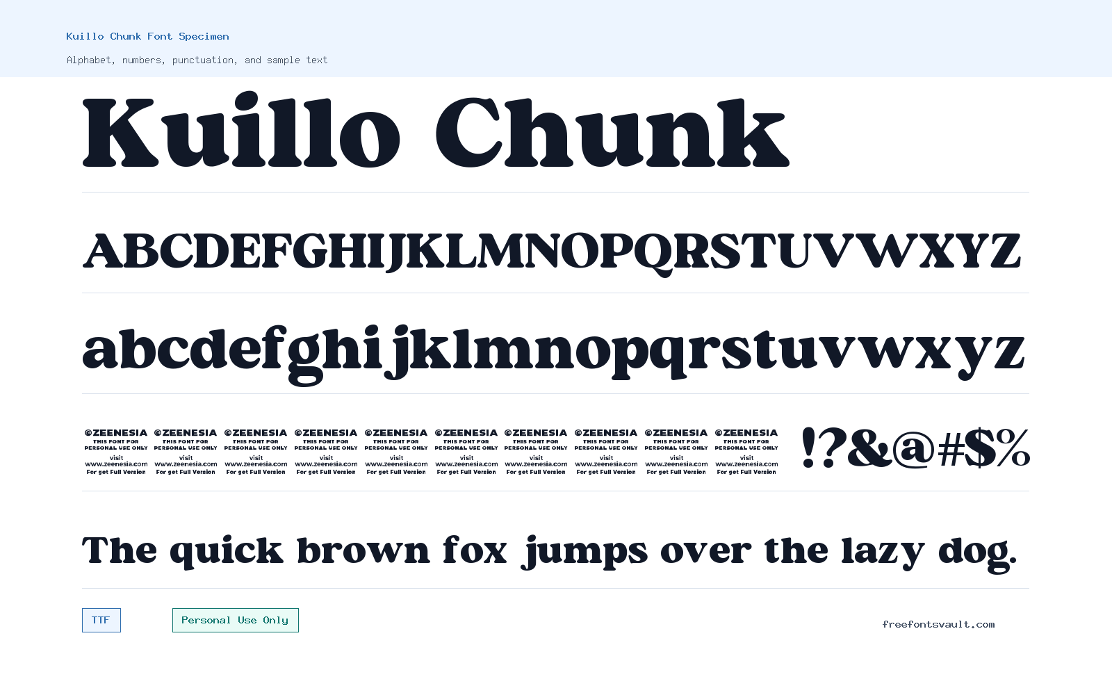 Kuillo Chunk font specimen showing alphabet, numbers, and sample text