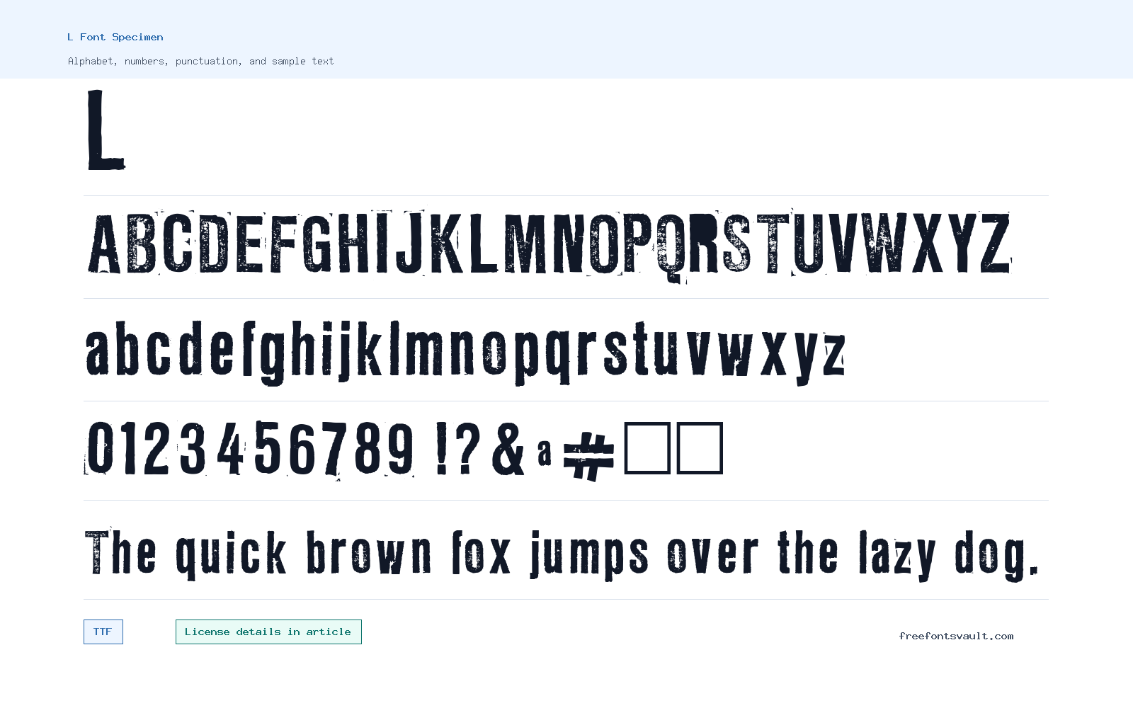 L font specimen showing alphabet, numbers, and sample text