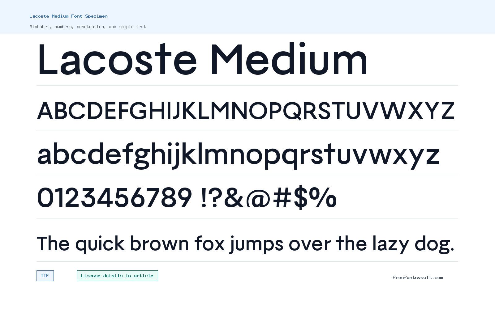 Lacoste Medium font specimen showing alphabet, numbers, and sample text