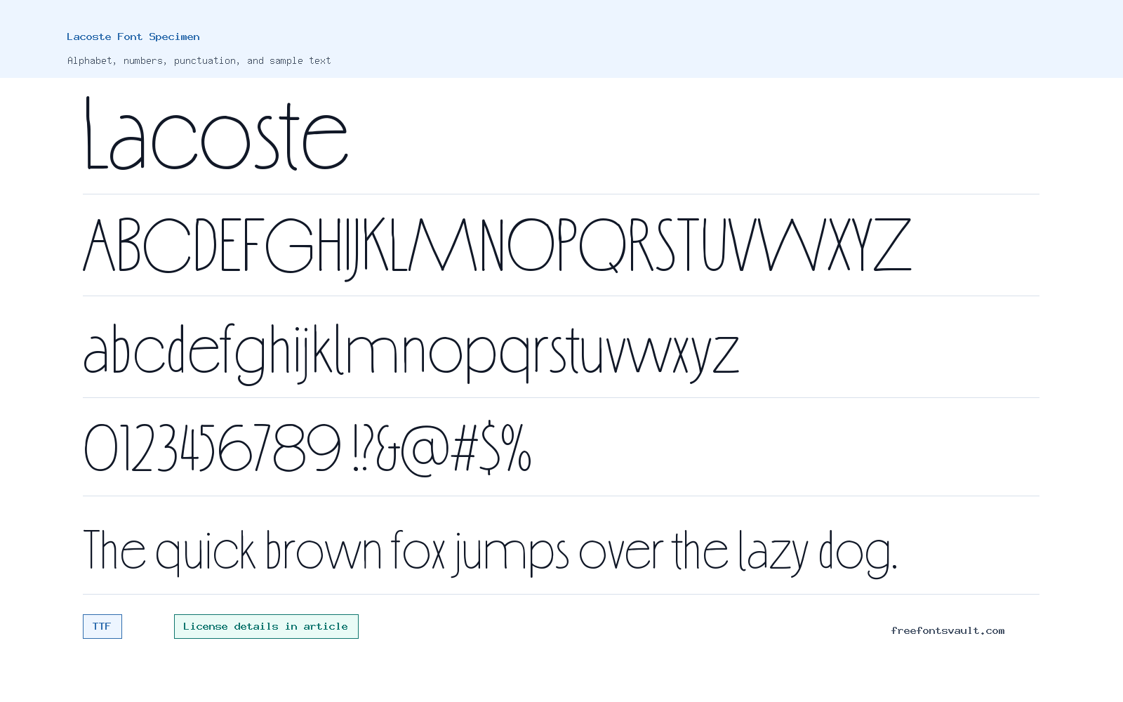 Lacoste font specimen showing alphabet, numbers, and sample text