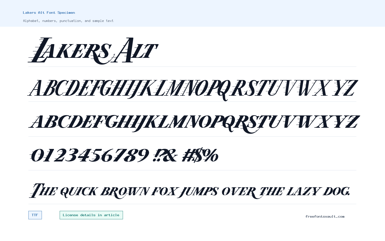 Lakers Alt font specimen showing alphabet, numbers, and sample text