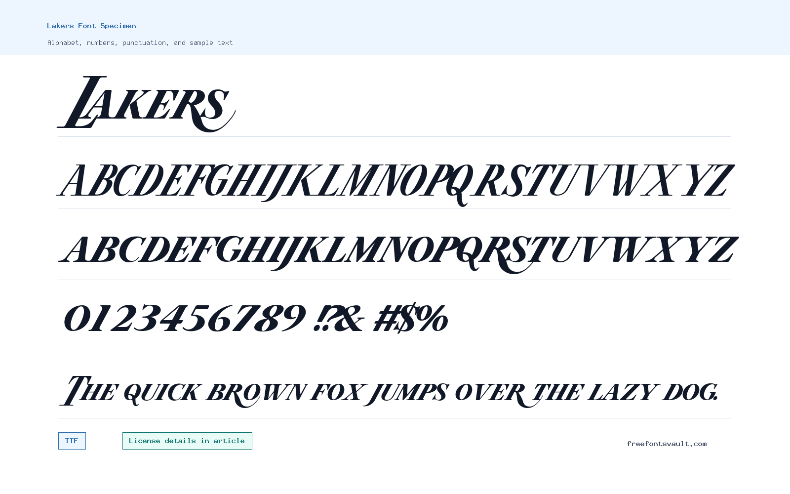 Lakers font specimen showing alphabet, numbers, and sample text