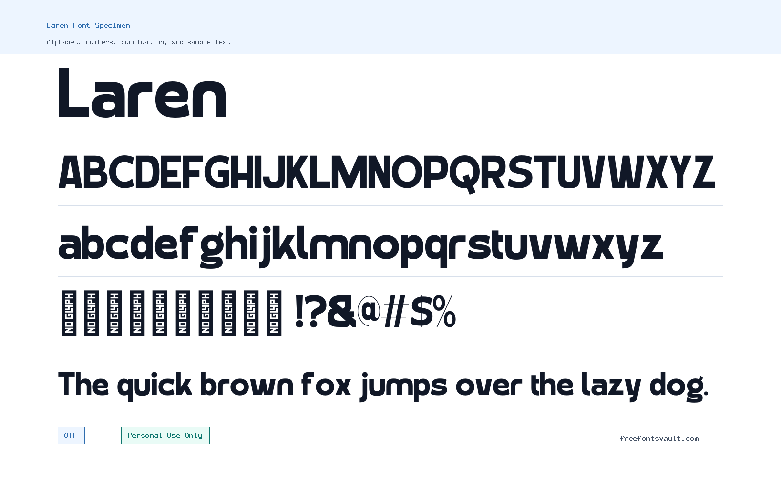 Laren font specimen showing alphabet, numbers, and sample text
