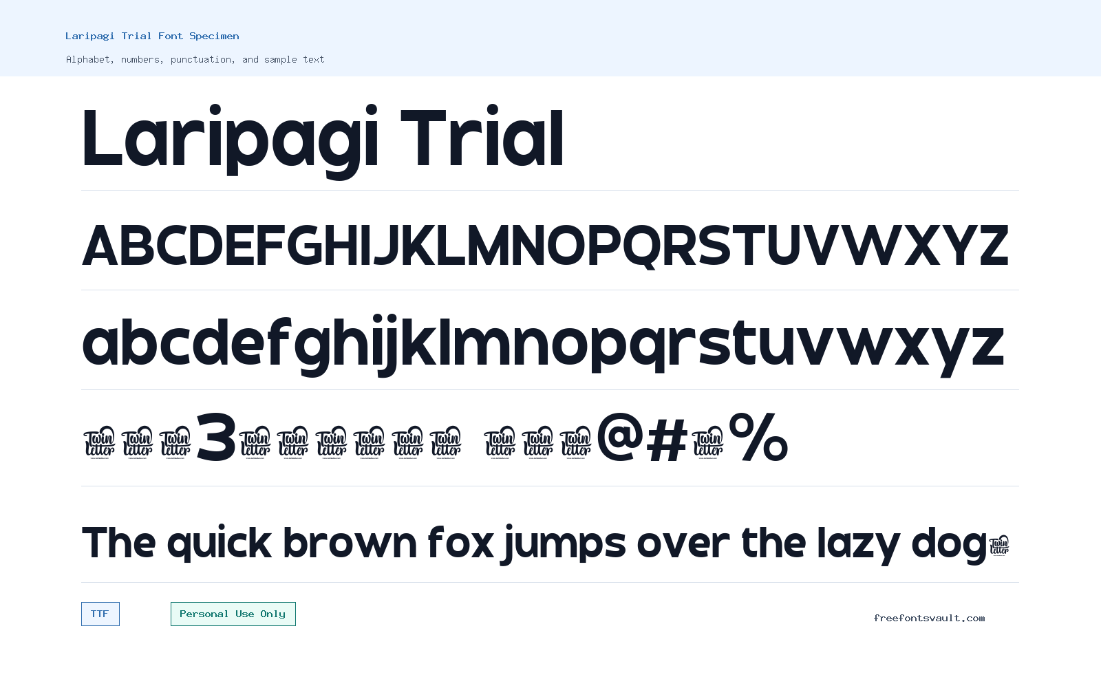 Laripagi Trial font specimen showing alphabet, numbers, and sample text