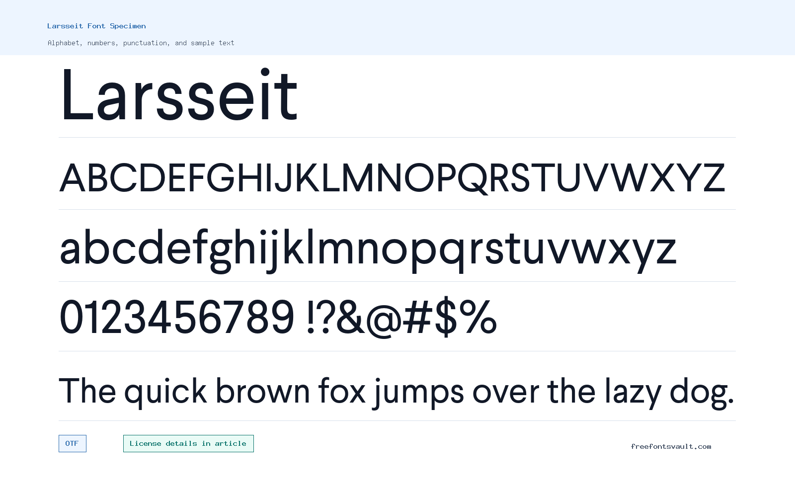 Larsseit font specimen showing alphabet, numbers, and sample text