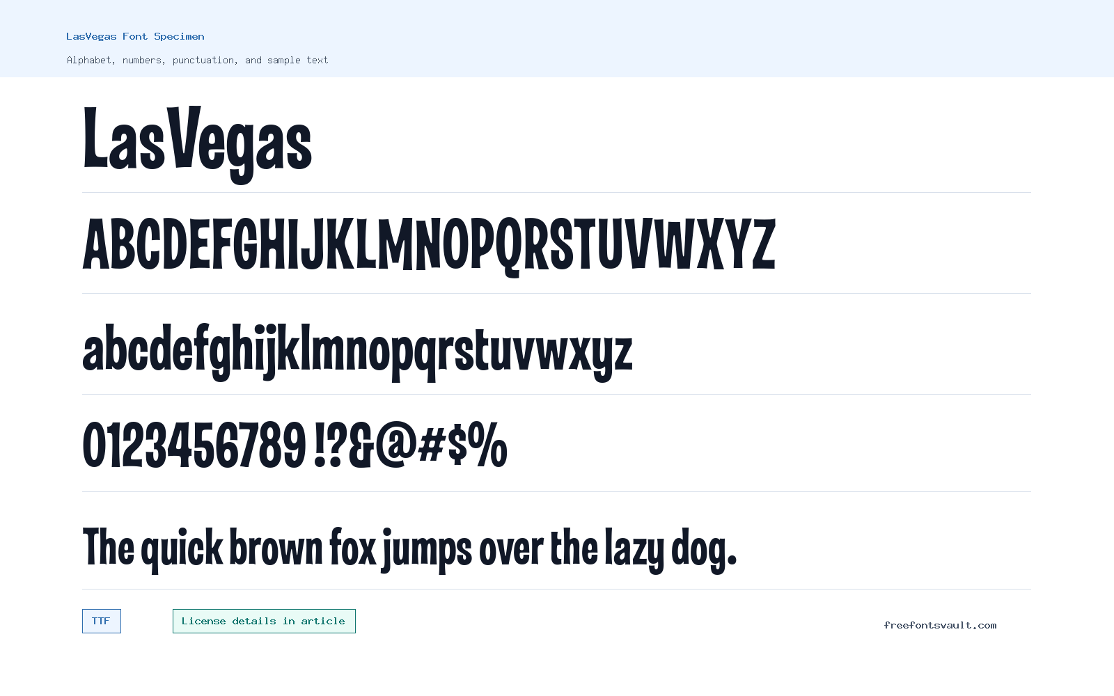 LasVegas font specimen showing alphabet, numbers, and sample text