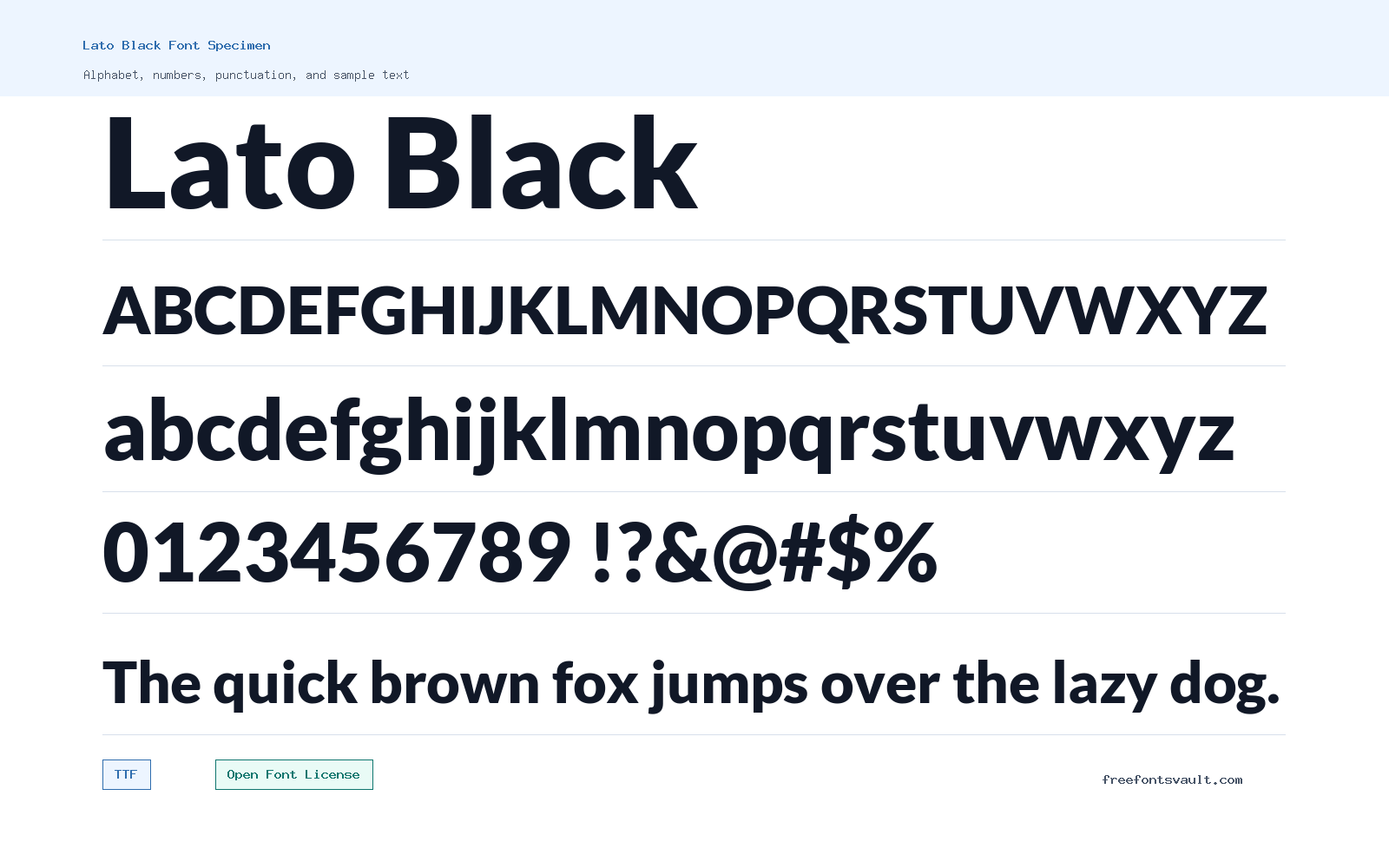 Lato Black font specimen showing alphabet, numbers, and sample text