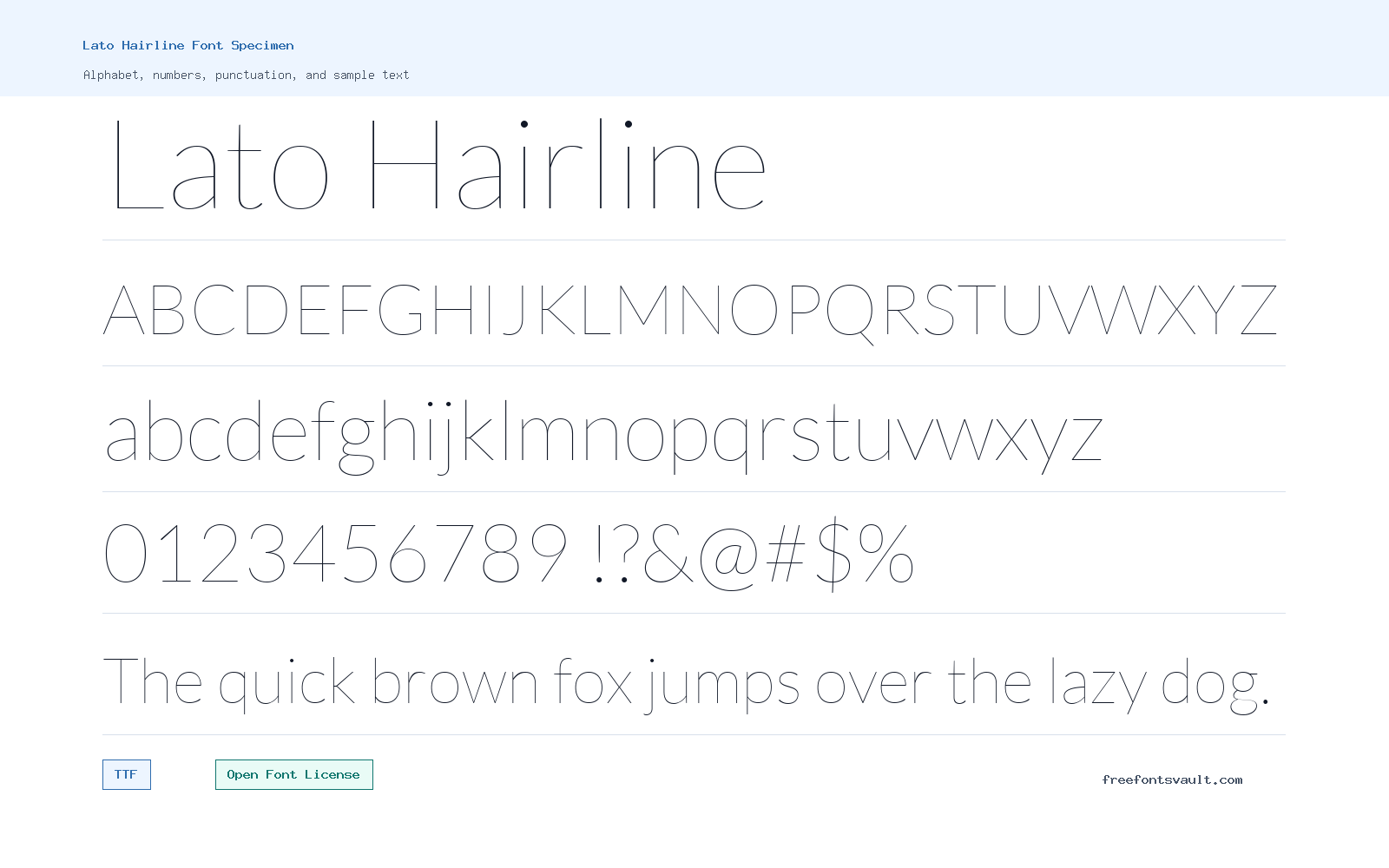 Lato Hairline font specimen showing alphabet, numbers, and sample text