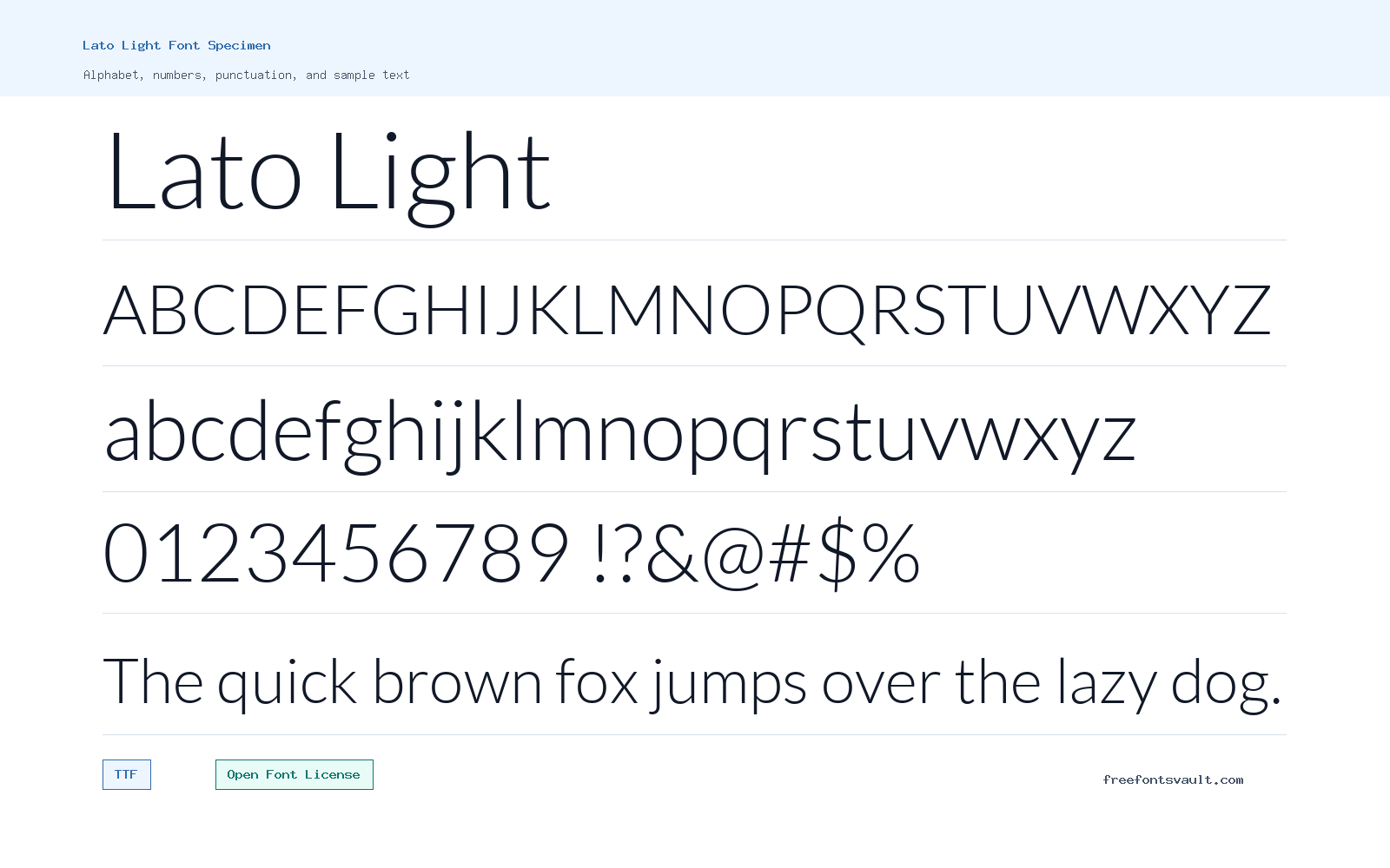 Lato Light font specimen showing alphabet, numbers, and sample text