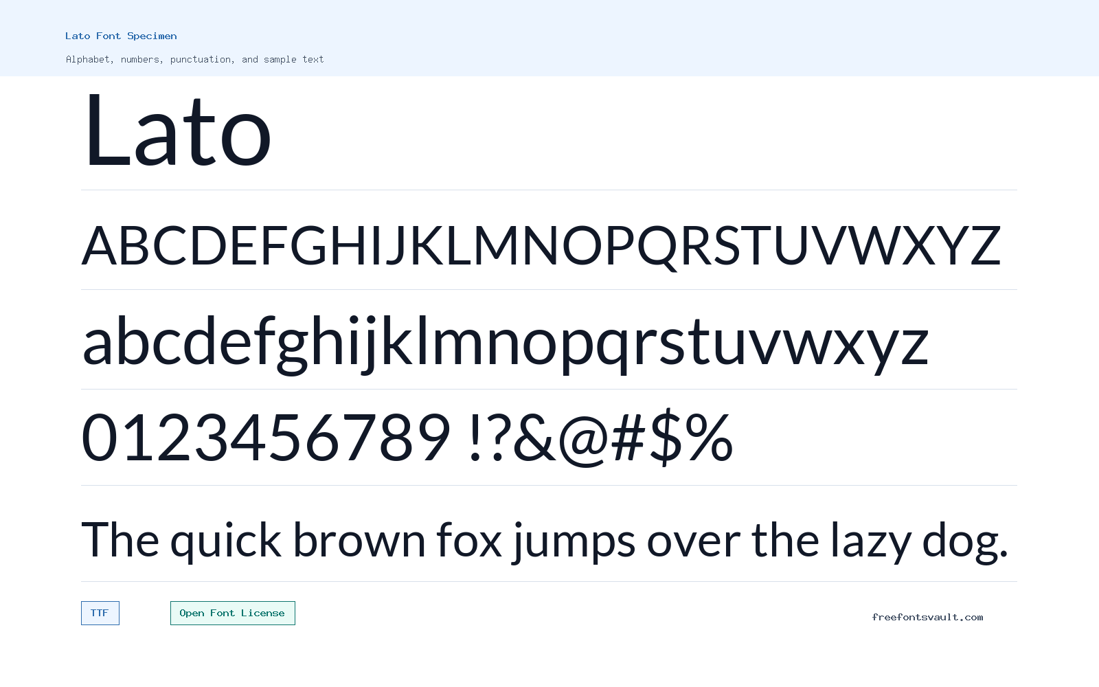 Lato font specimen showing alphabet, numbers, and sample text