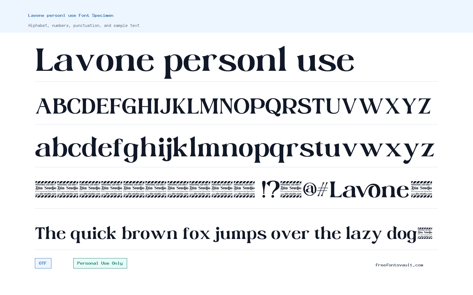 Lavone personl use font specimen showing alphabet, numbers, and sample text
