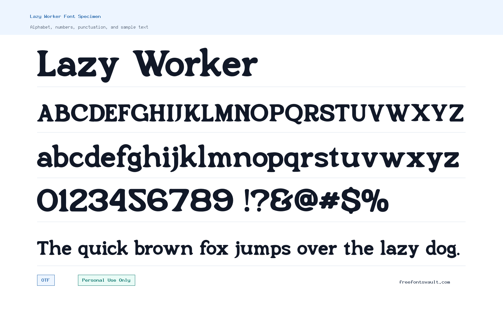 Lazy Worker font specimen showing alphabet, numbers, and sample text
