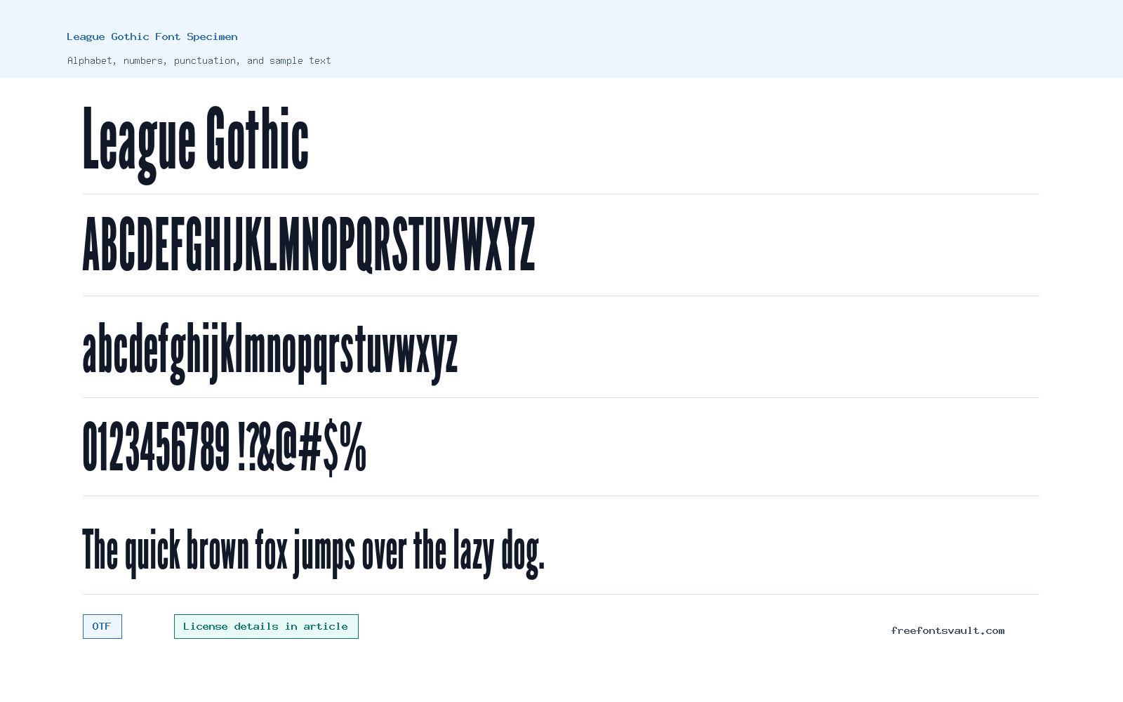 League Gothic font specimen showing alphabet, numbers, and sample text