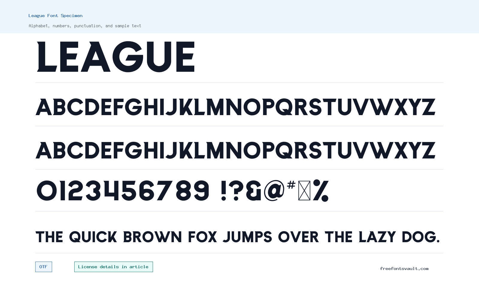 League font specimen showing alphabet, numbers, and sample text