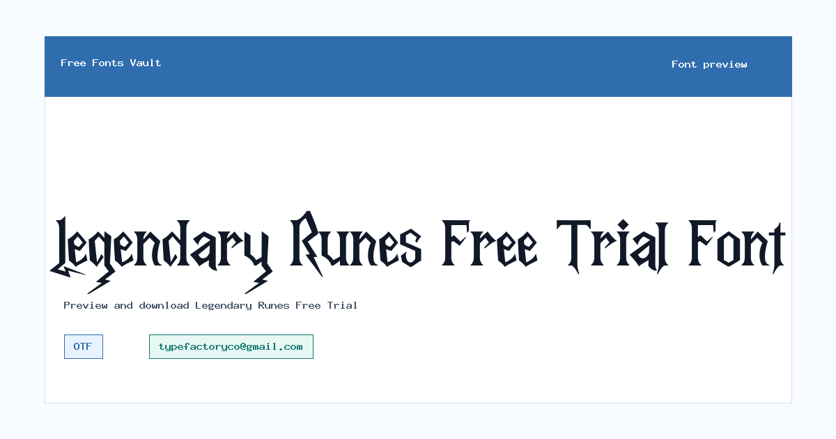 Legendary Runes Free Trial font preview showing the family name