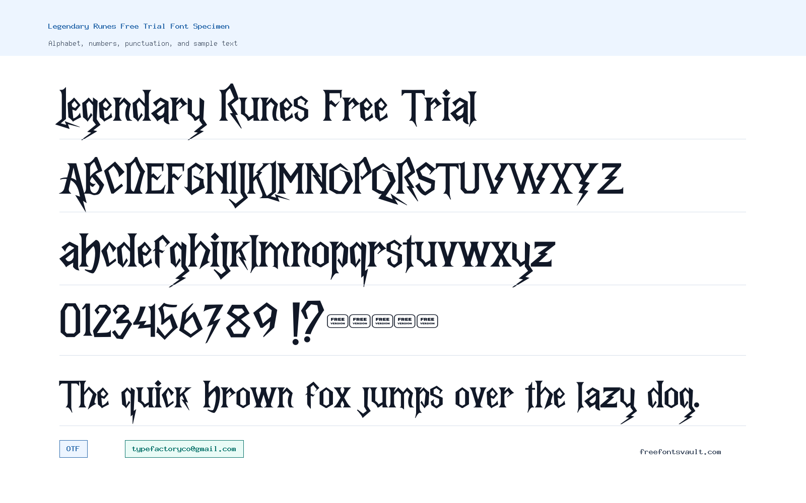 Legendary Runes Free Trial font specimen showing alphabet, numbers, and sample text