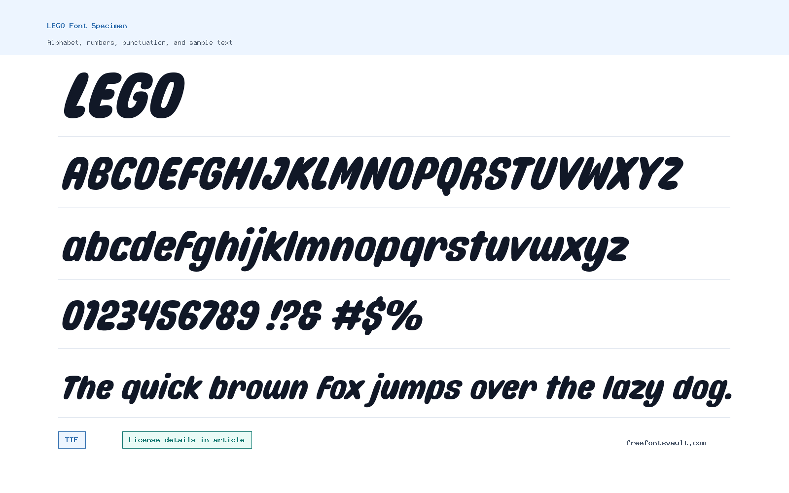 LEGO font specimen showing alphabet, numbers, and sample text