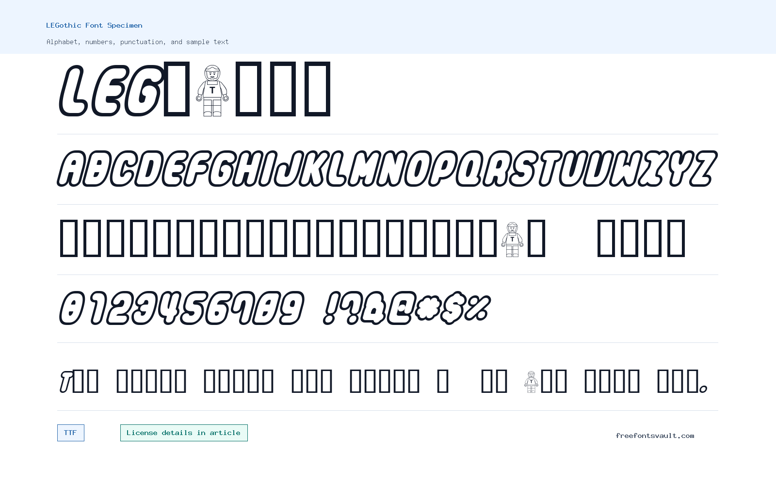 LEGothic font specimen showing alphabet, numbers, and sample text