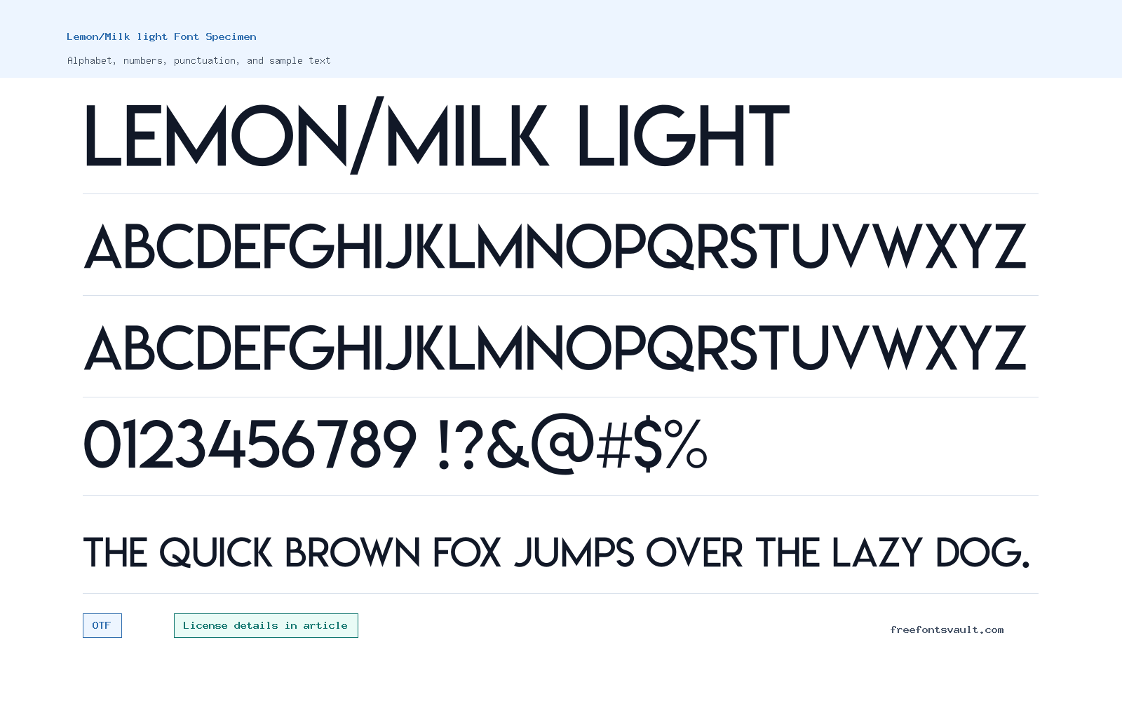 Lemon/Milk light font specimen showing alphabet, numbers, and sample text