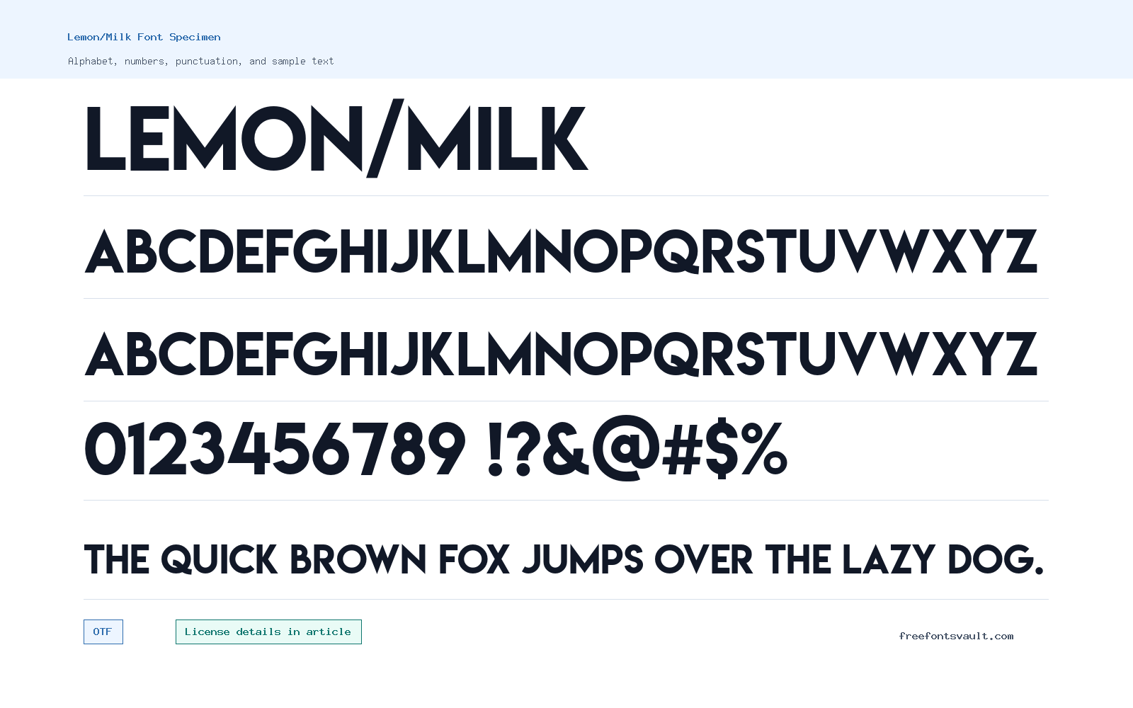 Lemon/Milk font specimen showing alphabet, numbers, and sample text