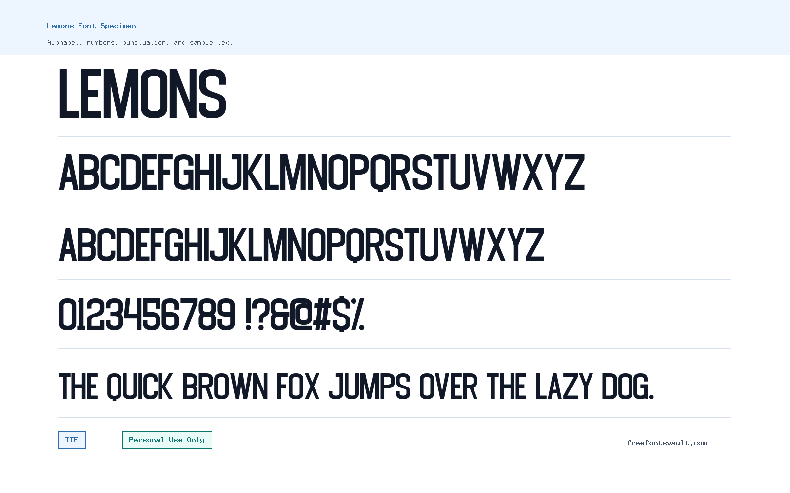 Lemons font specimen showing alphabet, numbers, and sample text