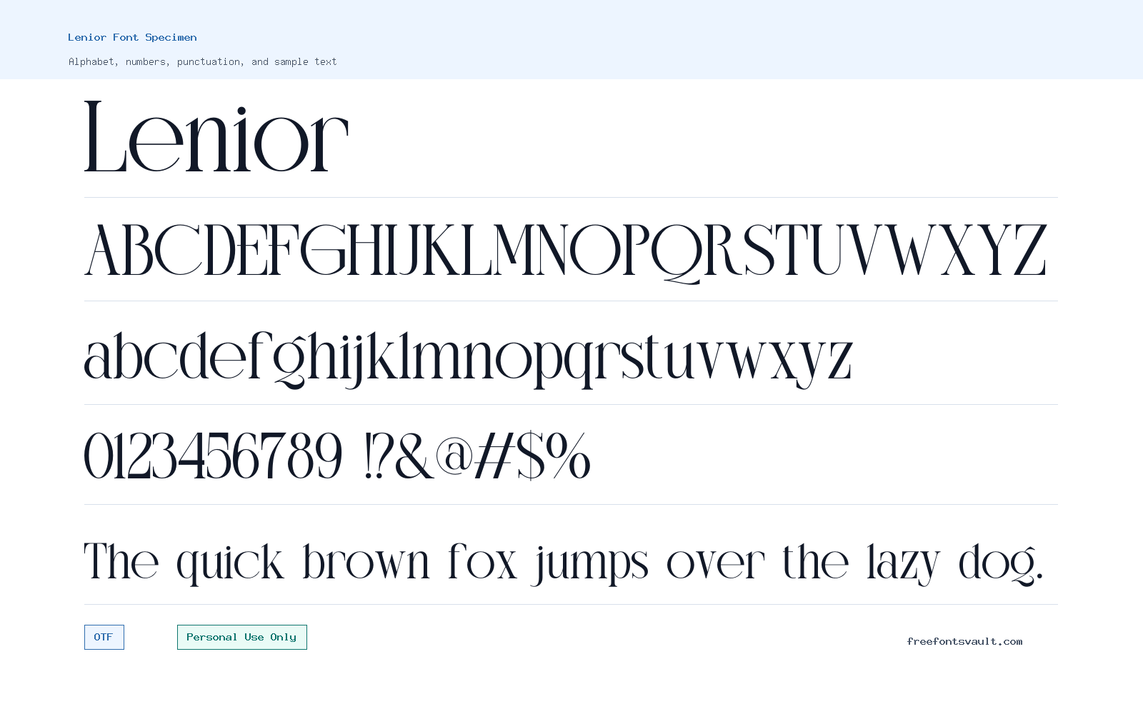 Lenior font specimen showing alphabet, numbers, and sample text