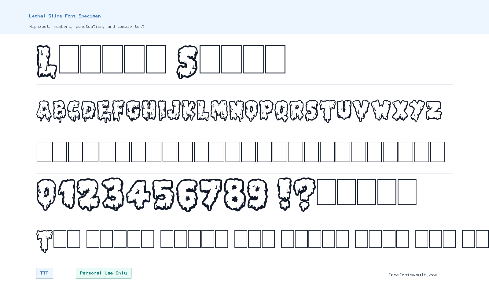 Lethal Slime font specimen showing alphabet, numbers, and sample text