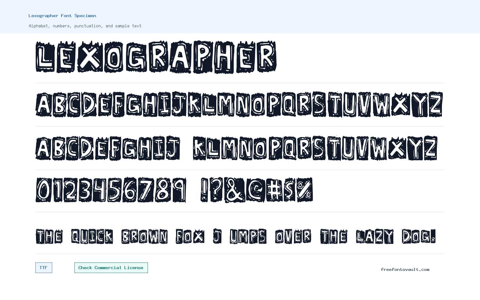 Lexographer font specimen showing alphabet, numbers, and sample text