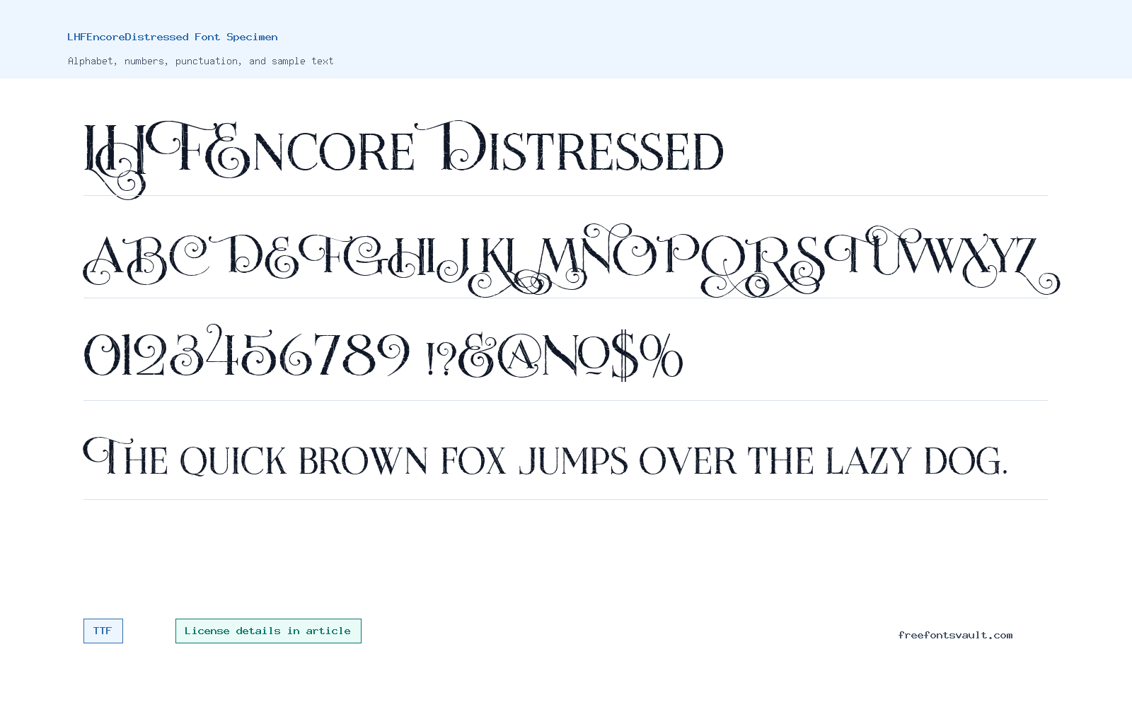 LHFEncoreDistressed font specimen showing alphabet, numbers, and sample text