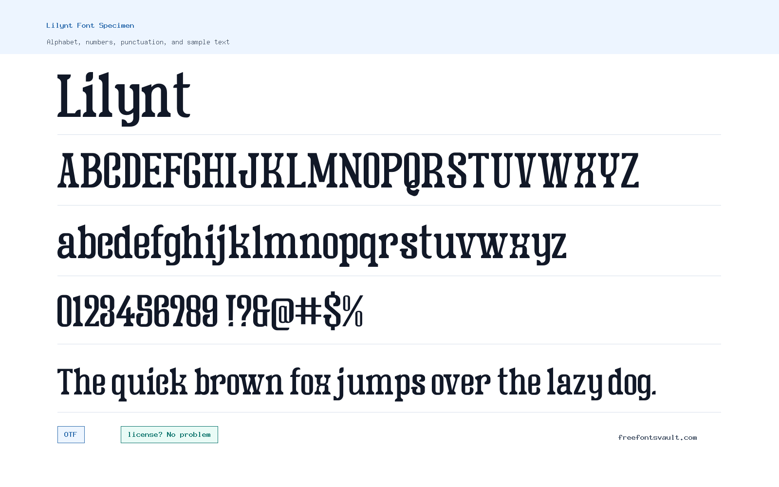 Lilynt font specimen showing alphabet, numbers, and sample text