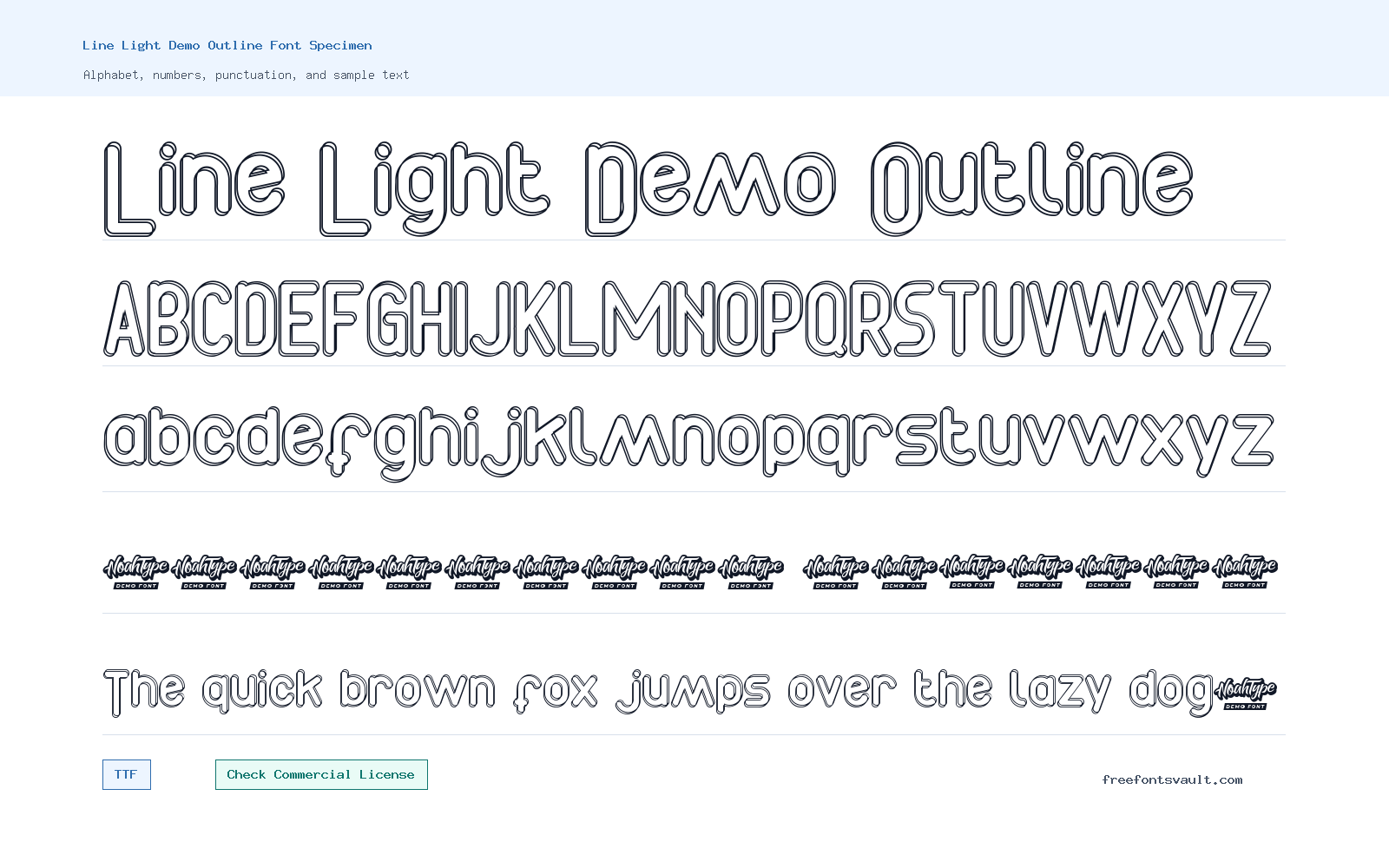Line Light Demo Outline font specimen showing alphabet, numbers, and sample text
