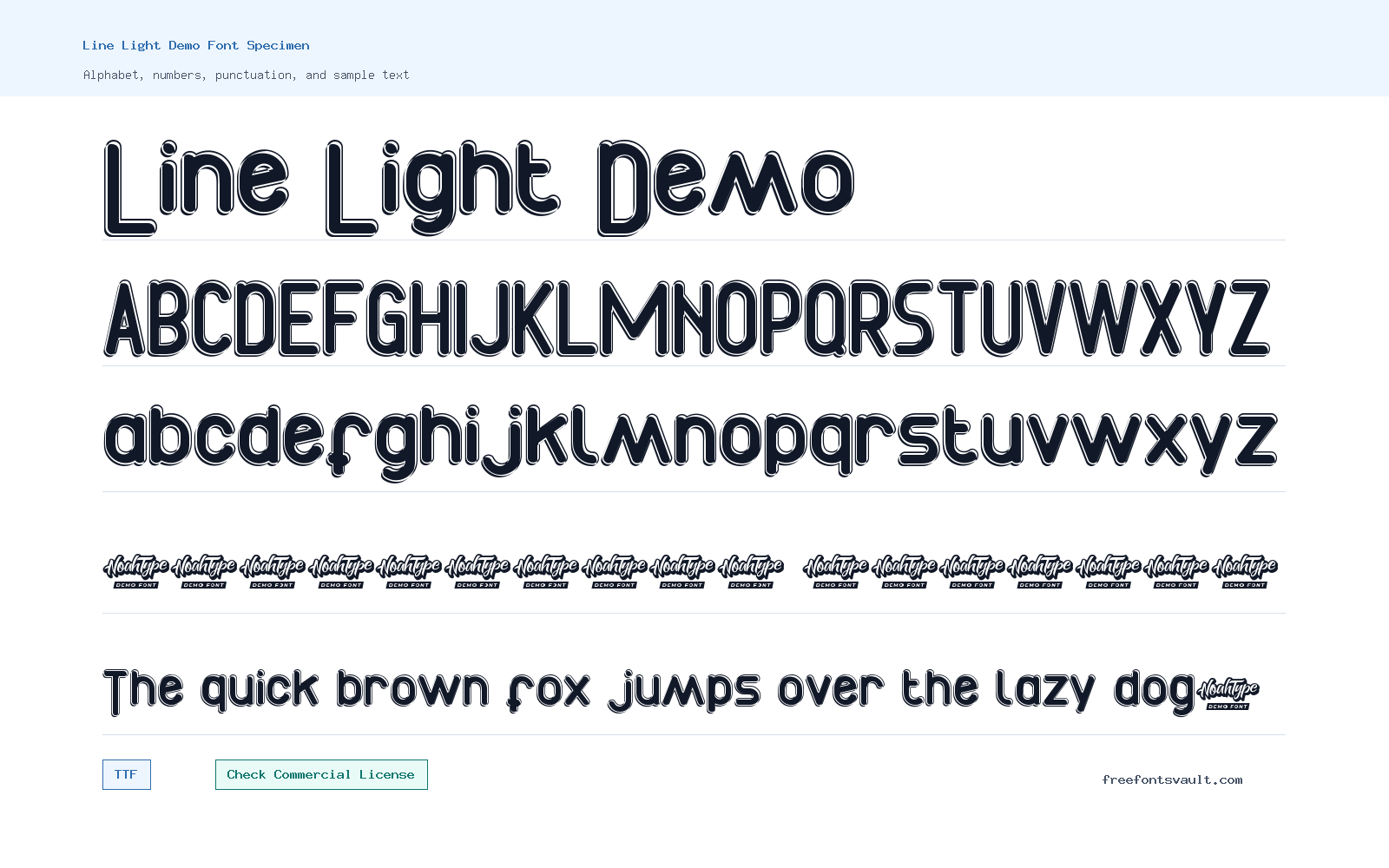 Line Light Demo font specimen showing alphabet, numbers, and sample text