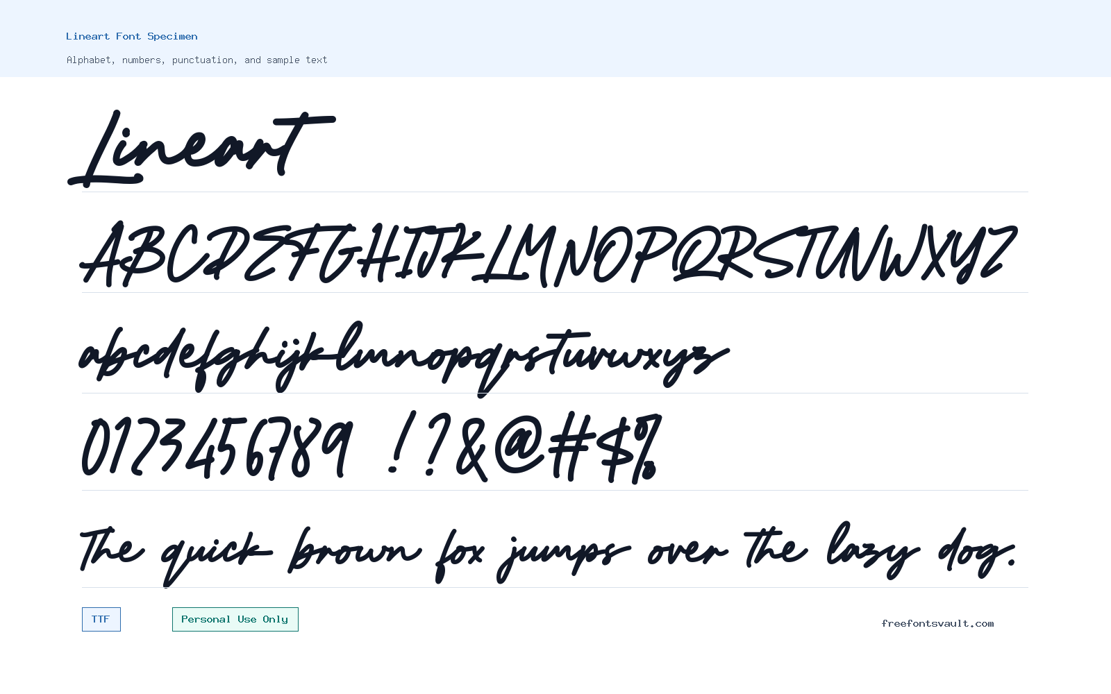 Lineart font specimen showing alphabet, numbers, and sample text