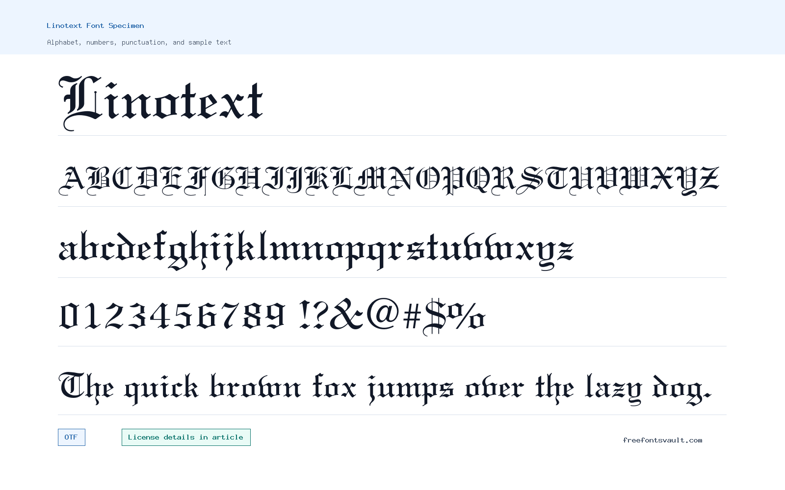 Linotext font specimen showing alphabet, numbers, and sample text