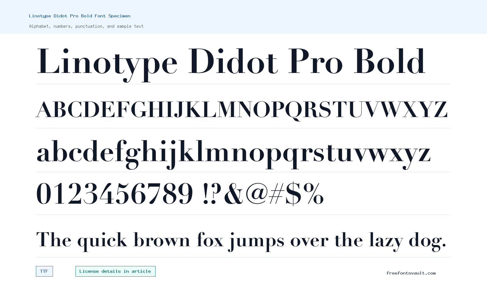 Linotype Didot Pro Bold font specimen showing alphabet, numbers, and sample text